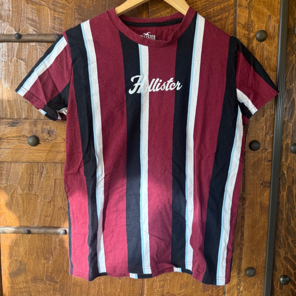 Hollister Mens Must-Have Collection Striped T-Shirt Burgundy Navy Blue XS